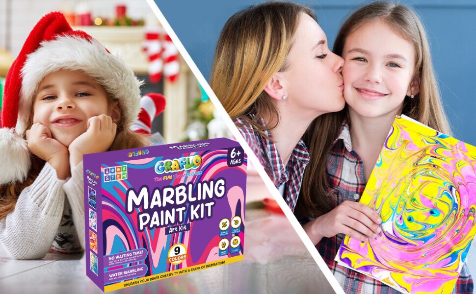 The GRAFLO Marbling Paint Kit as a gift, with a girl in a Santa hat and a mother and daughter holding a marbled print