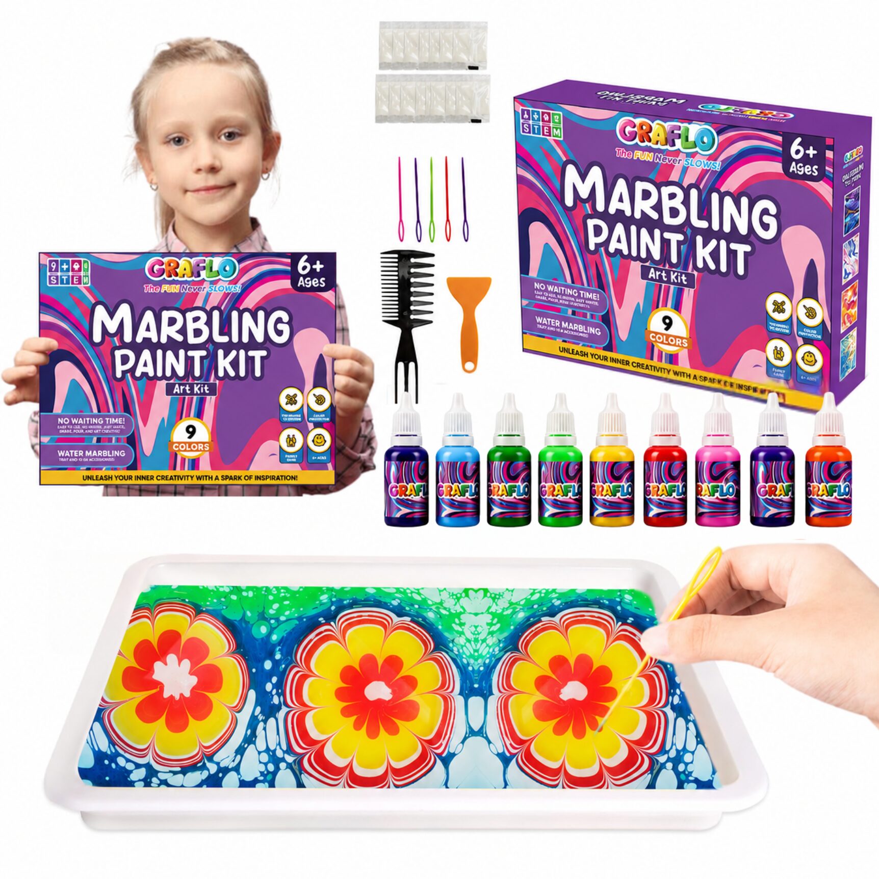 GRAFLO Marbling Paint Kit box held by a girl, with 9 pigment bottles, comb, scraper, needles and a water tray showing a flower marbling pattern