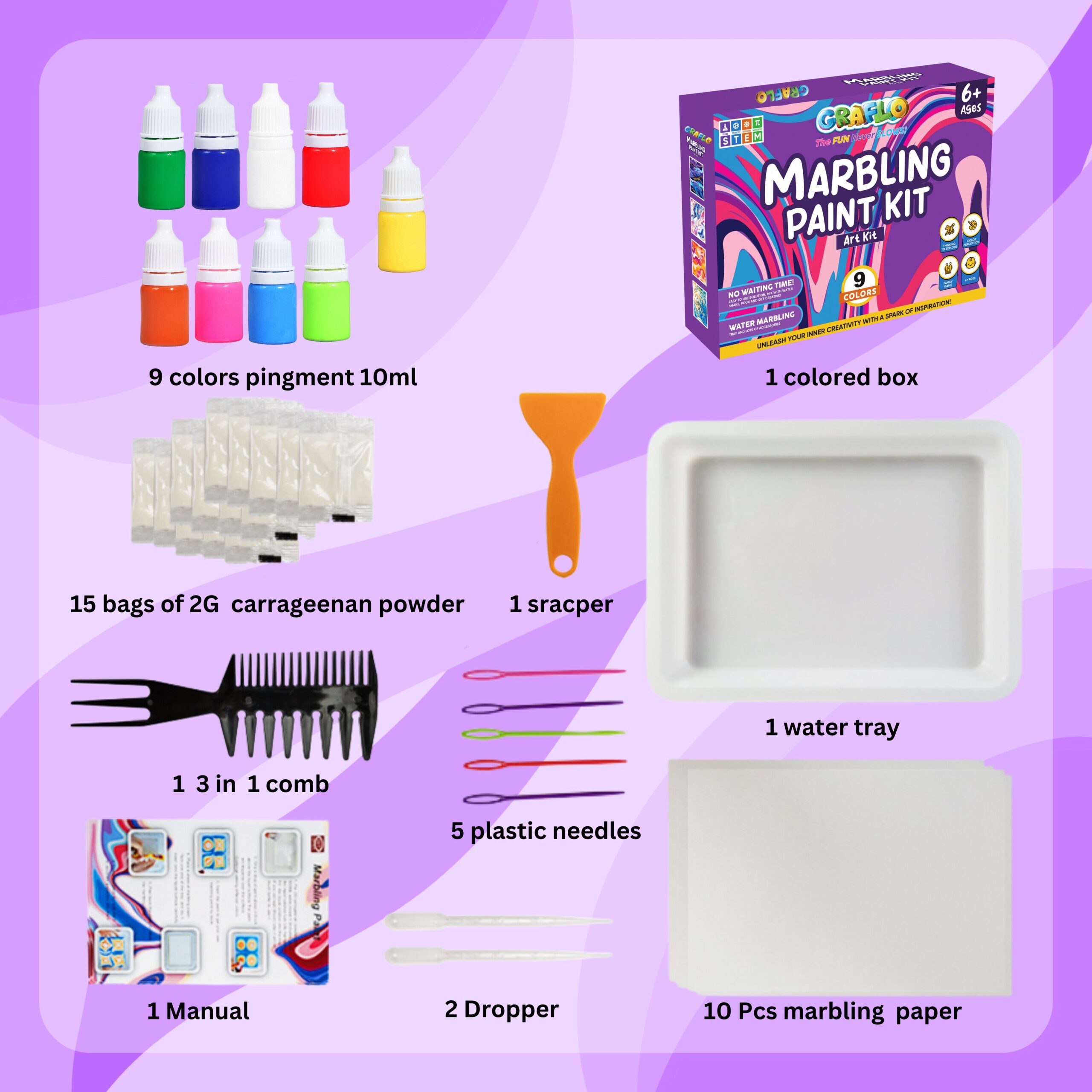 What's in the box: 9 colour pigments of 10 ml, 15 bags of 2 g carrageenan powder, 1 scraper, 1 three-in-one comb, 5 plastic needles, 2 droppers, 1 water tray, 10 marbling papers and 1 manual