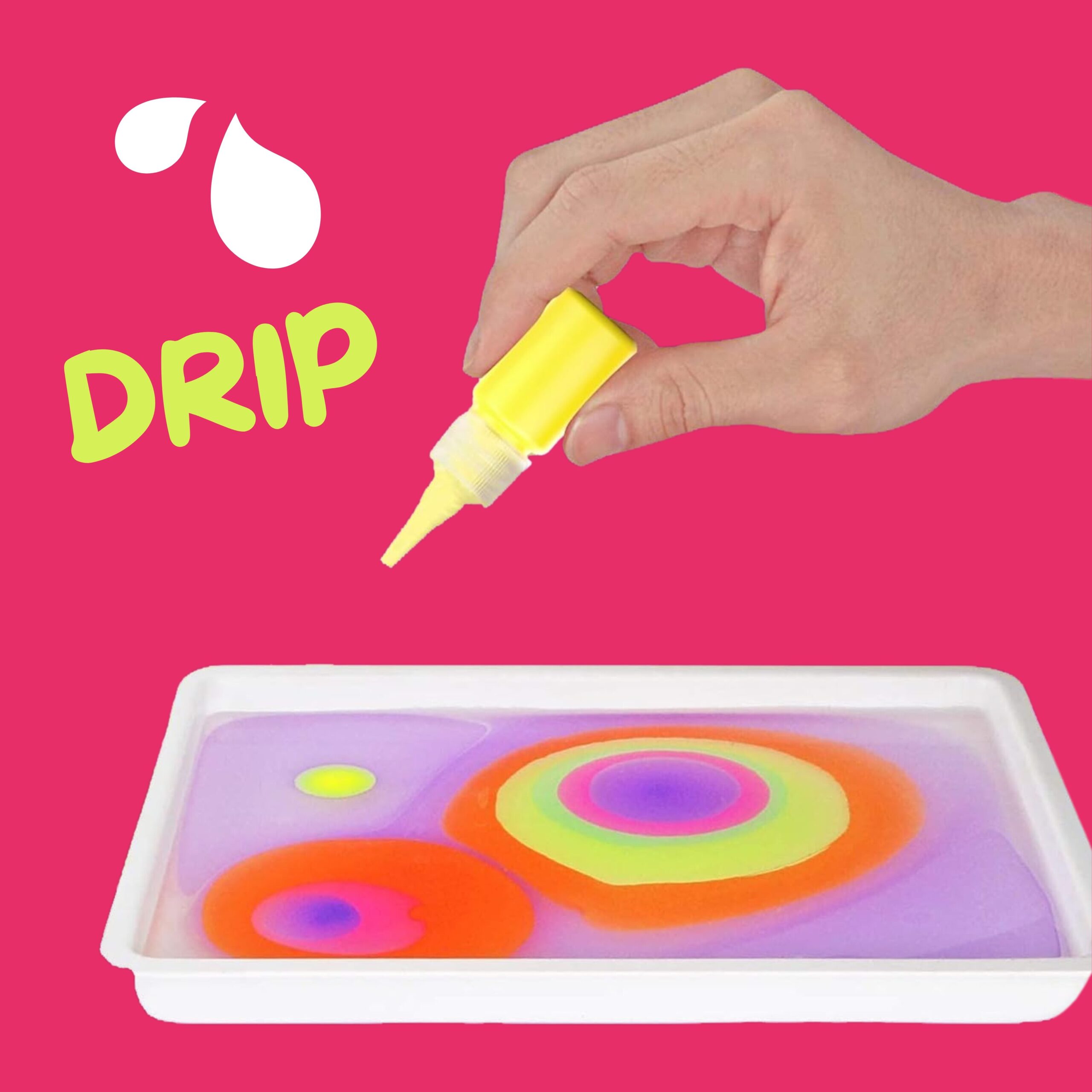 Drip: a hand squeezing yellow marbling paint onto the water tray