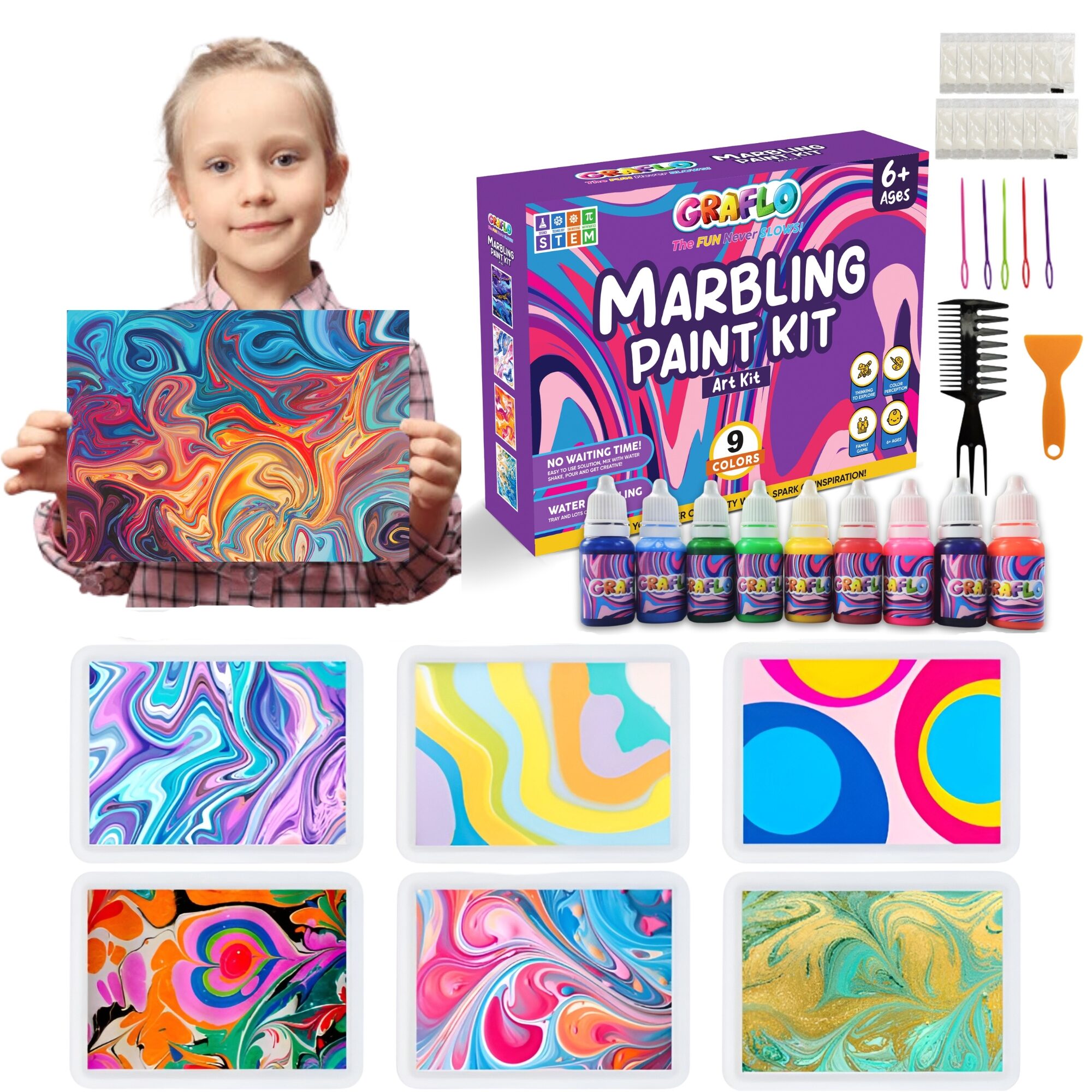 A girl holding a finished marbled print beside the GRAFLO Marbling Paint Kit box, pigments and six sample patterns