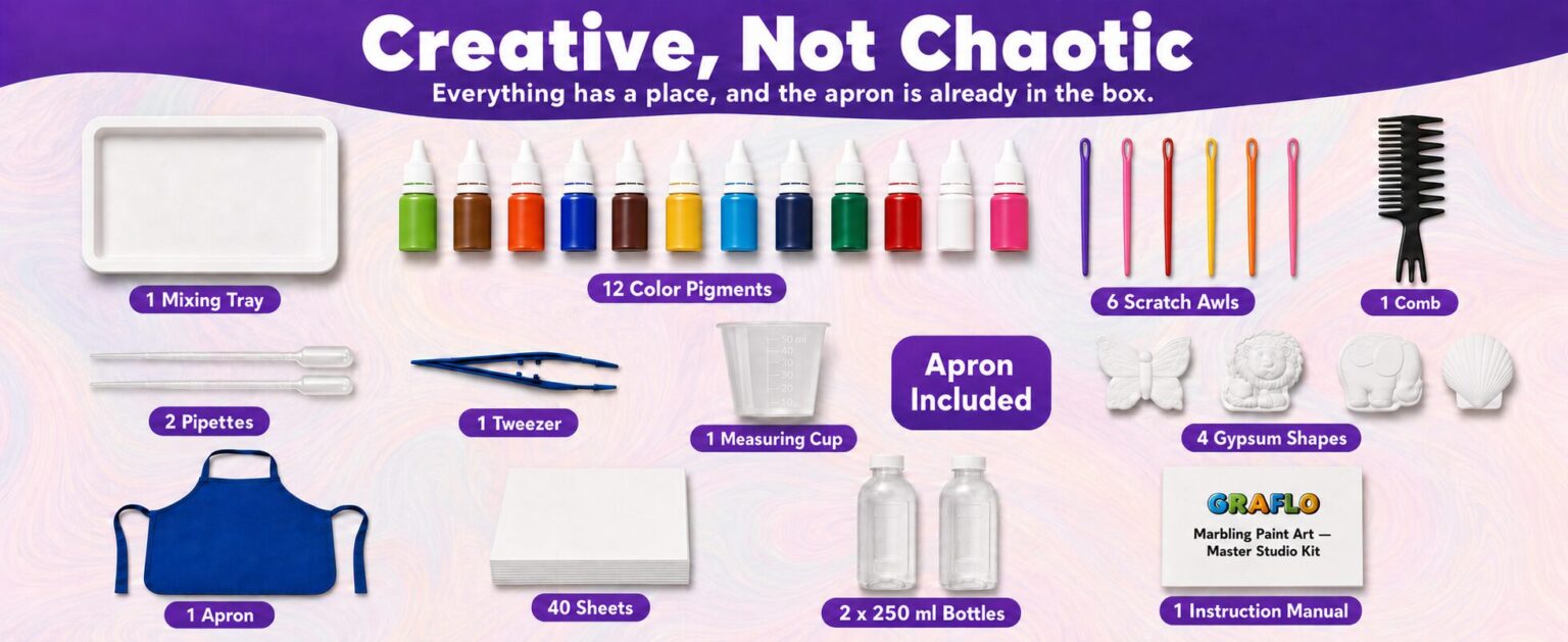 The full GRAFLO marbling kit laid out and labelled: mixing tray, 12 colour pigments, 6 scratch awls, comb, pipettes, tweezer, measuring cup, apron, 4 gypsum shapes, 40 sheets, bottles and manual