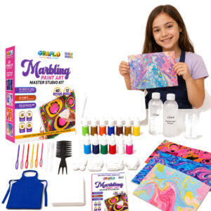 GRAFLO Marbling Paint Art Master Studio Kit contents laid out beside the retail box, with a girl holding a finished marbled print