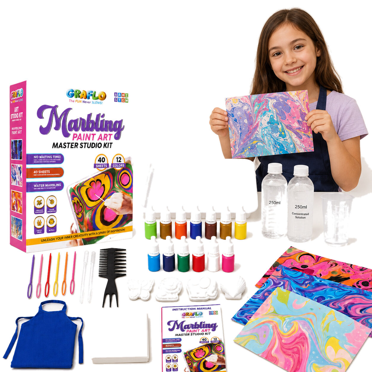 GRAFLO Marbling Paint Art Master Studio Kit contents laid out beside the retail box, with a girl holding a finished marbled print