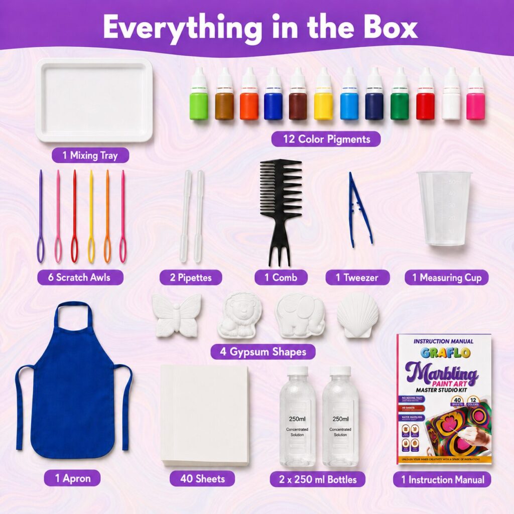 Everything in the box: 1 mixing tray, 12 colour pigments, 6 scratch awls, 2 pipettes, 1 comb, 1 tweezer, 1 measuring cup, 1 apron, 4 gypsum shapes, 40 sheets, 2 x 250 ml bottles and an instruction manual