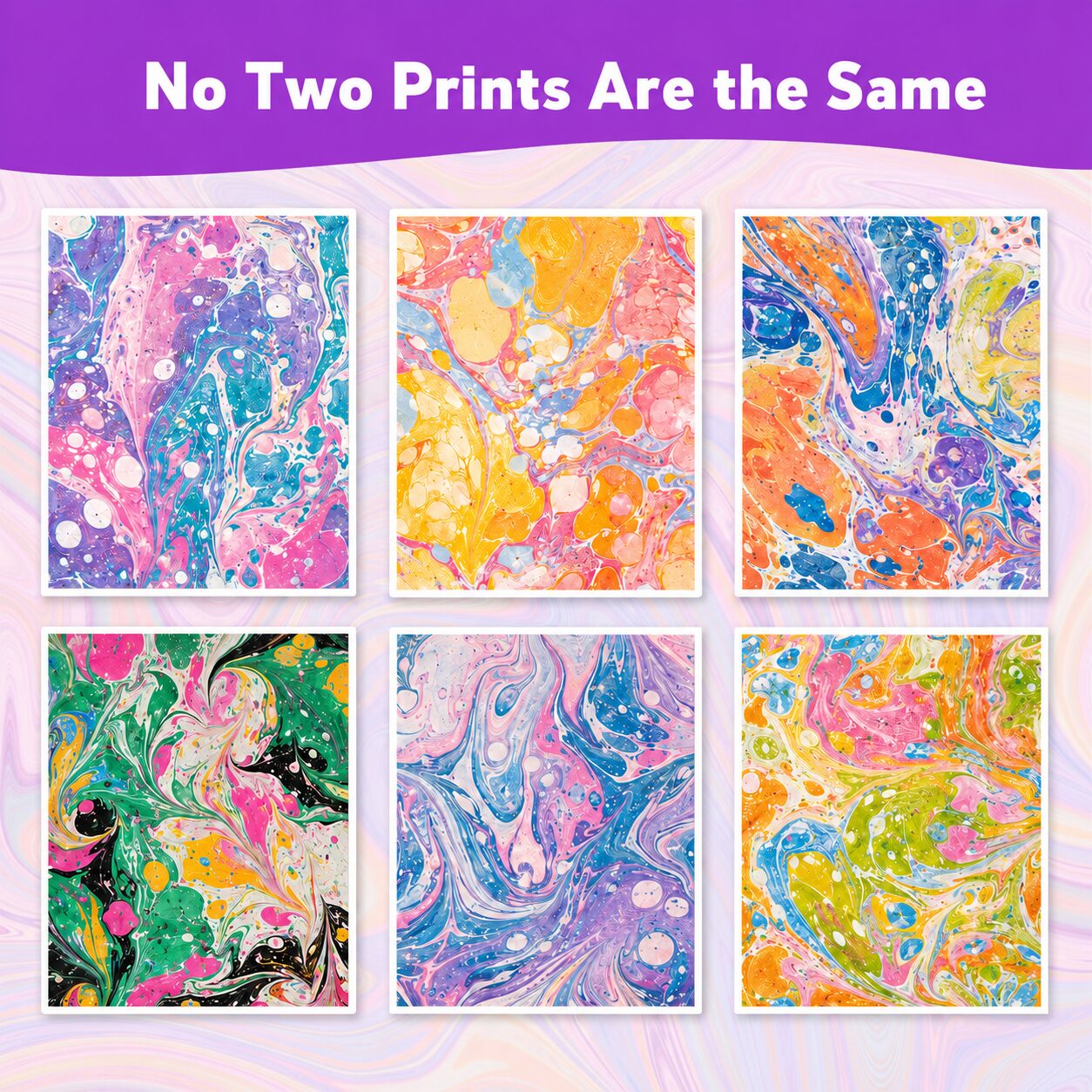 Six marbled prints in different colour combinations, showing that no two prints are the same