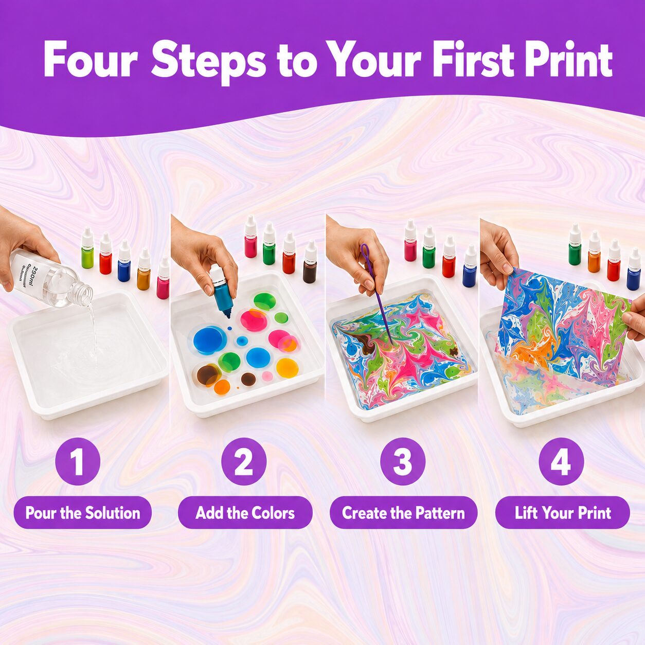 Four steps to your first marbled print: pour the solution, add the colours, create the pattern and lift your print