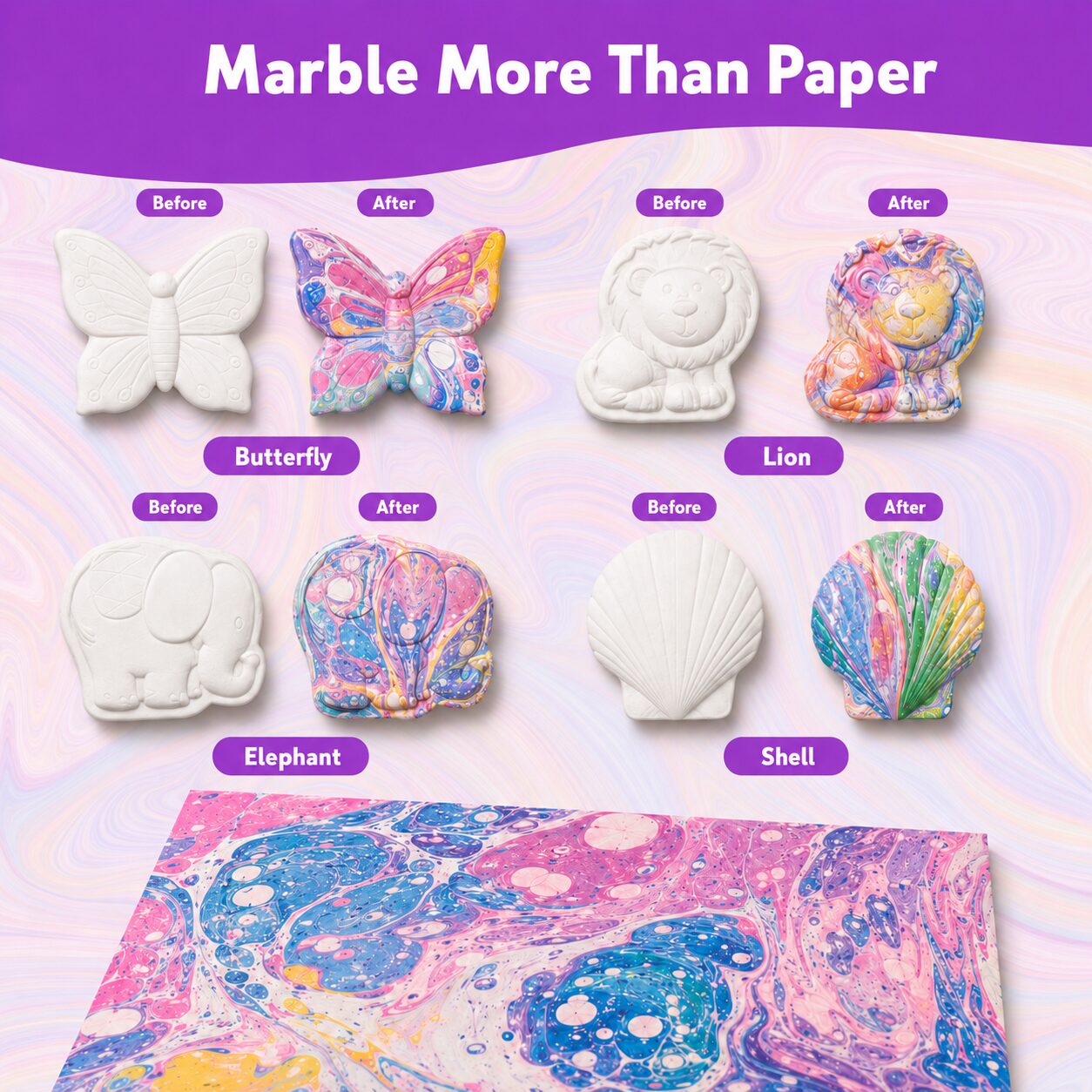 Before and after marbling on gypsum butterfly, lion, elephant and shell shapes