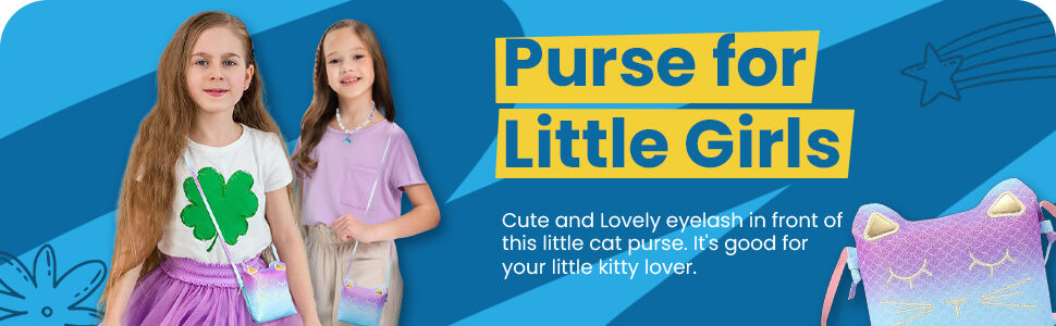 Purse for little girls: two girls wearing the mermaid cat purse crossbody, with the cute eyelash cat face highlighted