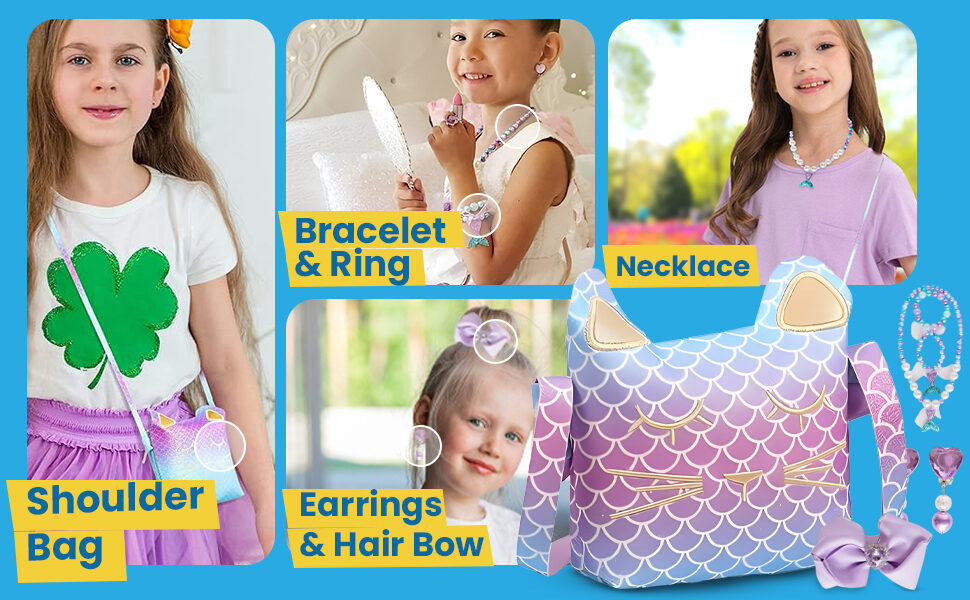 Everything in the set shown in use: the shoulder bag worn crossbody, the bracelet and ring, the beaded necklace, and the earrings with the hair bow, beside the purse and the full jewellery set