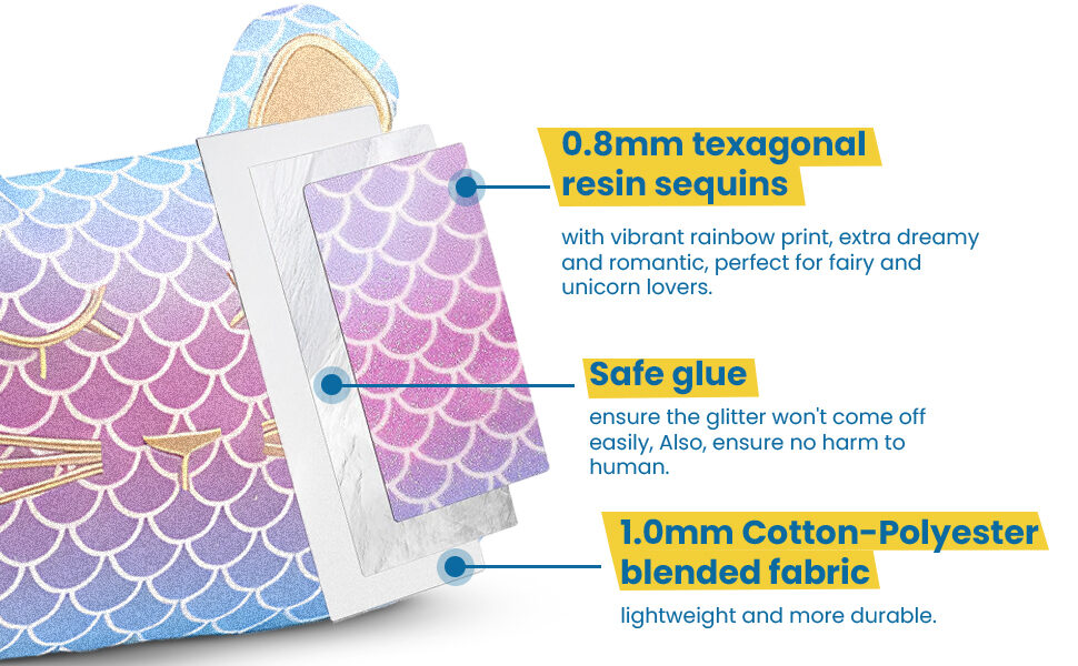 Made from 0.8 mm hexagonal resin sequins with a rainbow print, safe glue so the glitter stays on, and 1.0 mm cotton-polyester blended fabric