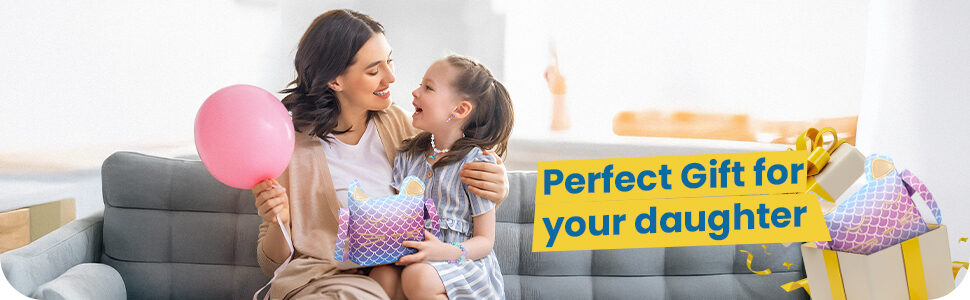 Perfect gift for your daughter: a mother and daughter on a sofa with a balloon, the mermaid purse and a gift box