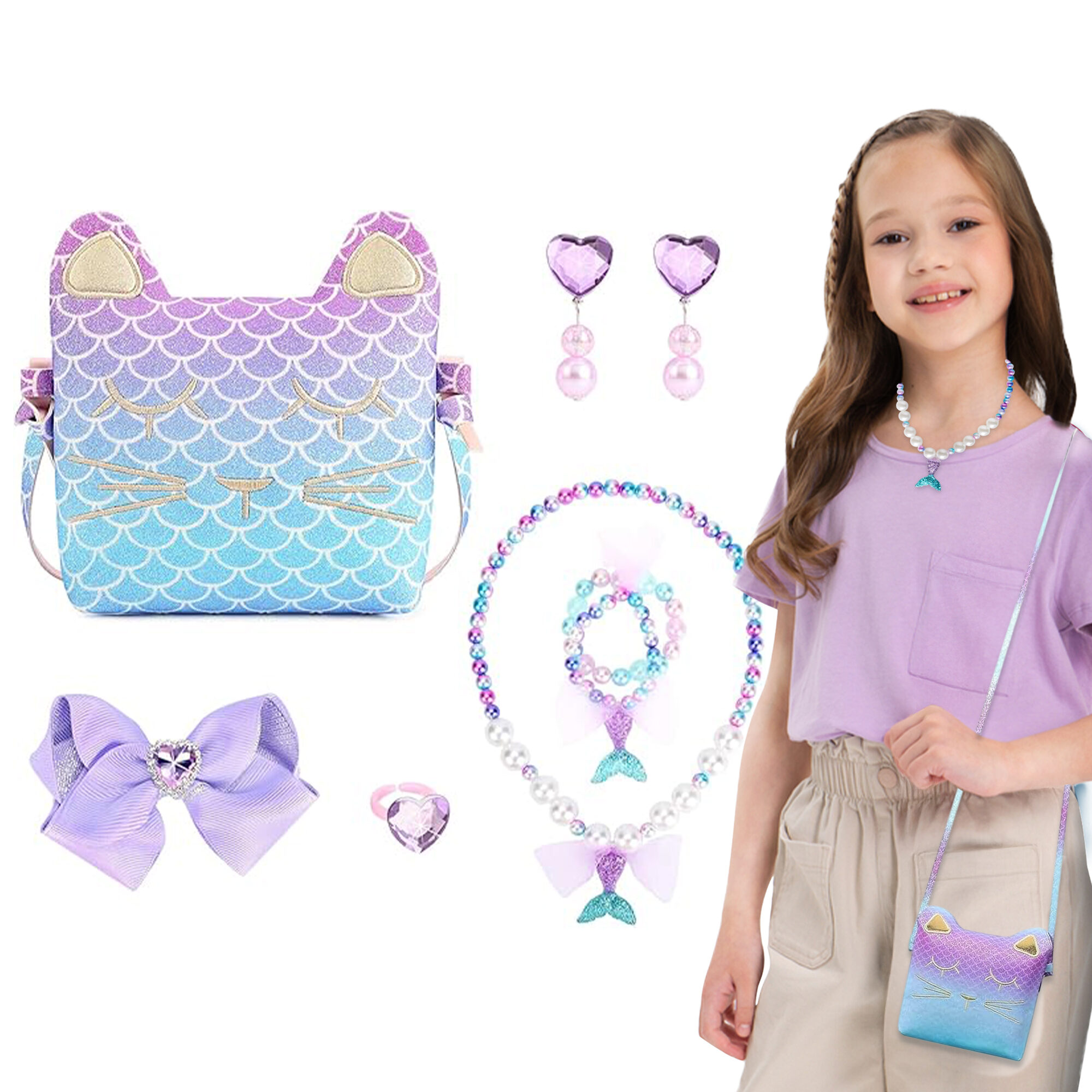 Mermaid purse and jewellery set for girls laid out on white: a mermaid-scale cat-face crossbody purse in purple and blue, heart earrings, a beaded necklace with a mermaid-tail charm, a beaded bracelet, a lilac hair bow and a heart ring, with a girl wearing the necklace and the purse