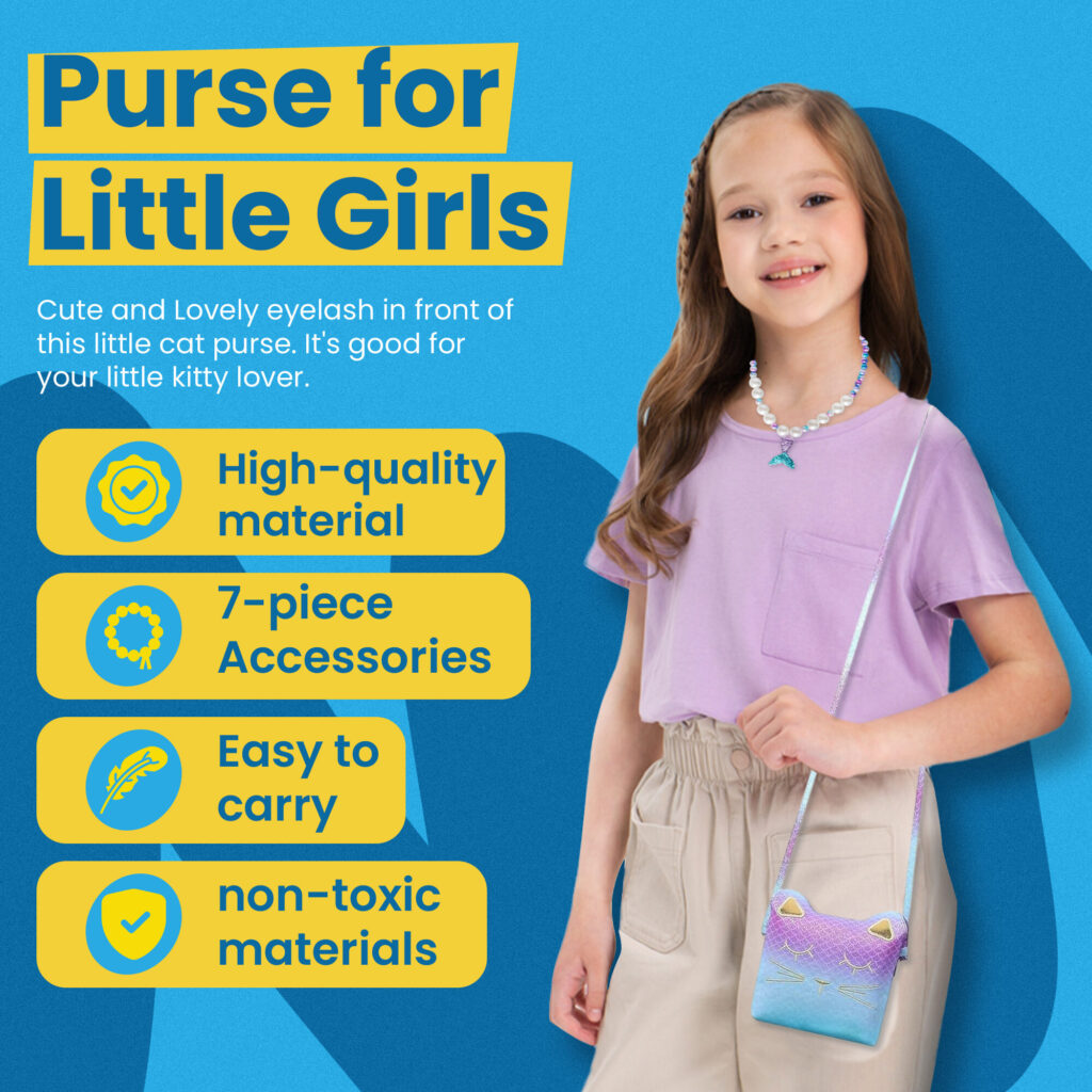 Purse for little girls: a girl wearing the mermaid purse and beaded necklace, with high-quality material, 7-piece accessories, easy to carry and non-toxic materials highlighted
