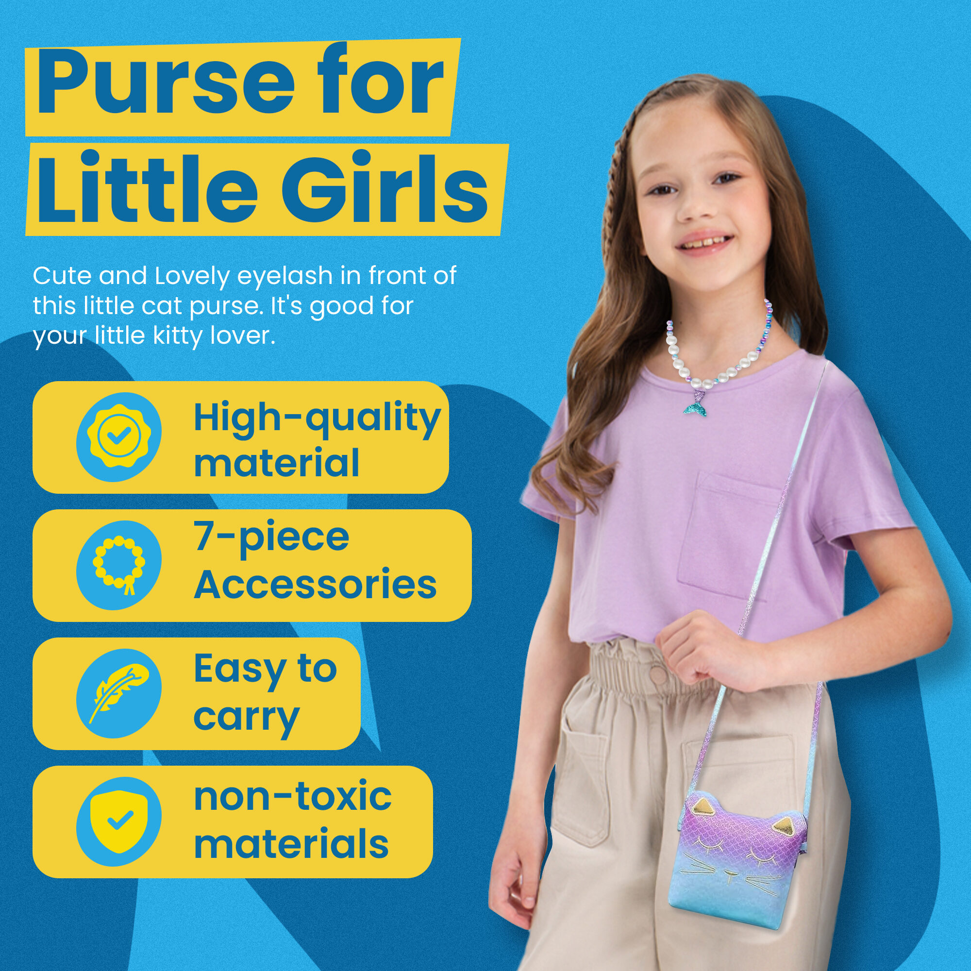 Purse for little girls: a girl wearing the mermaid purse and beaded necklace, with high-quality material, 7-piece accessories, easy to carry and non-toxic materials highlighted