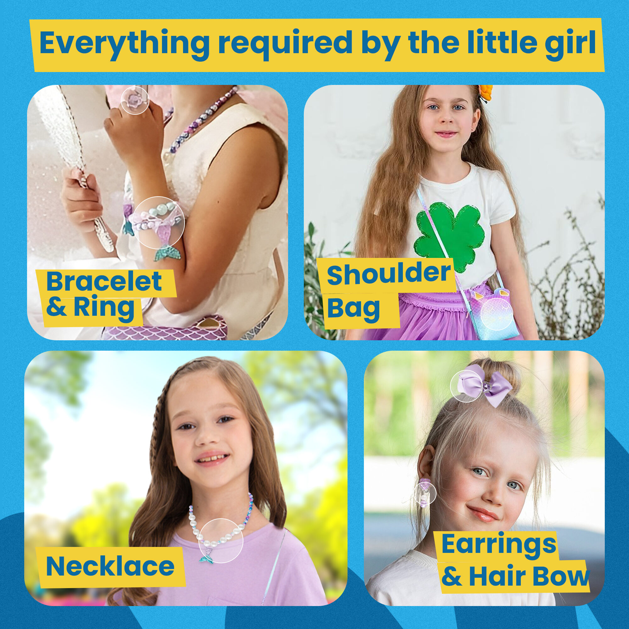 Everything required by the little girl: four photographs showing the bracelet and ring worn on the wrist, the shoulder bag worn crossbody, the beaded necklace, and the earrings with the hair bow