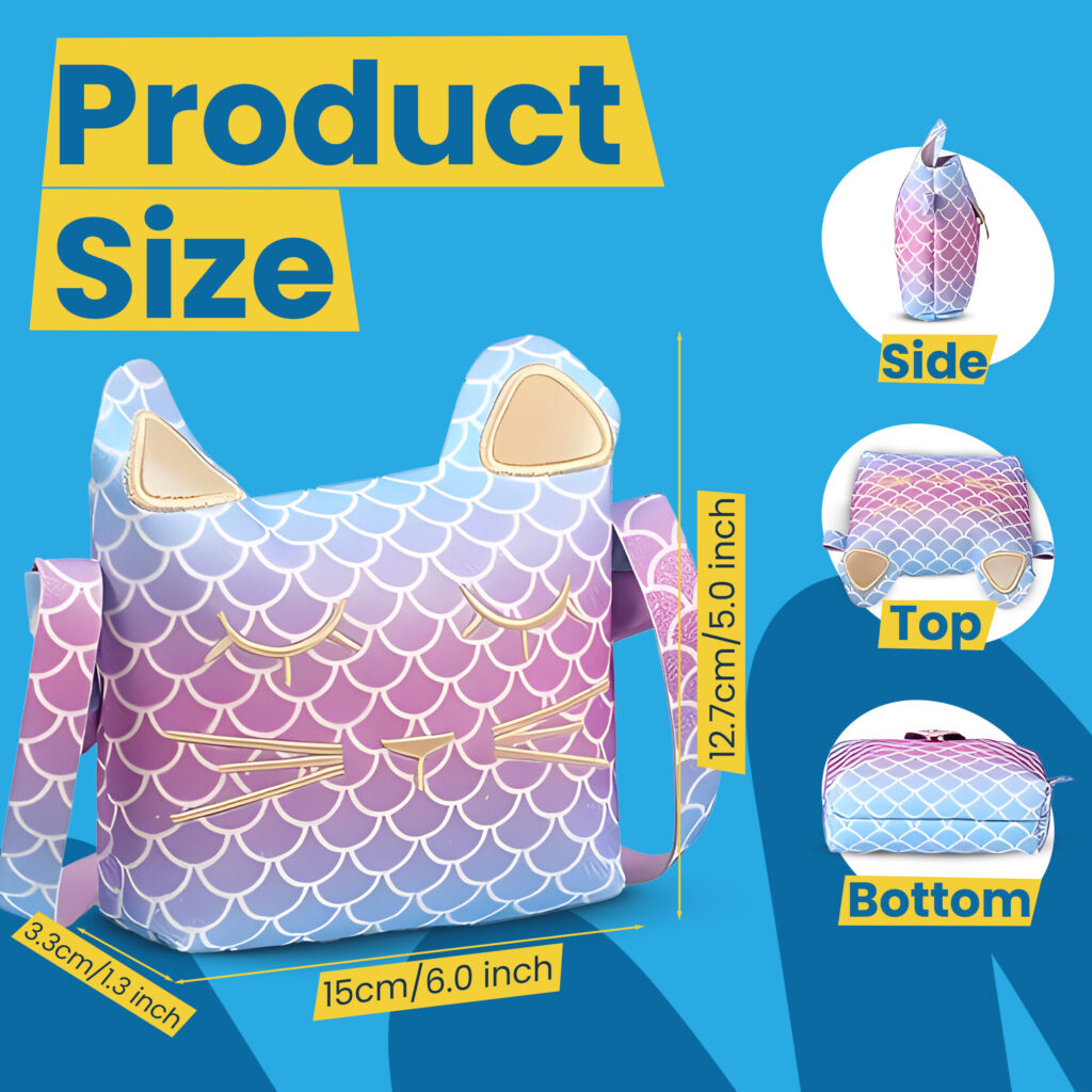 Product size: the mermaid cat purse measured at 15 cm wide, 12.7 cm tall and 3.3 cm deep, with side, top and bottom views