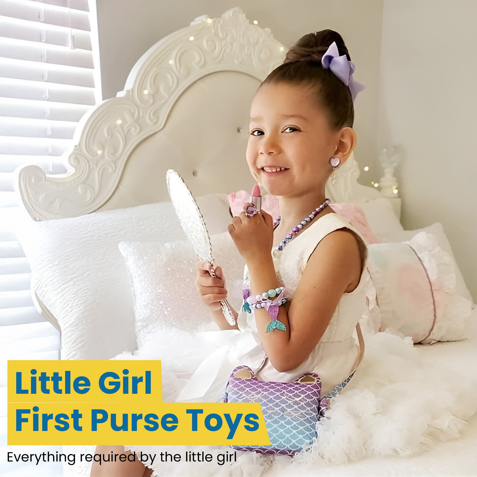 A girl sitting on her bed wearing the mermaid necklace, bracelet, hair bow and earrings and holding a hand mirror, with the mermaid purse beside her
