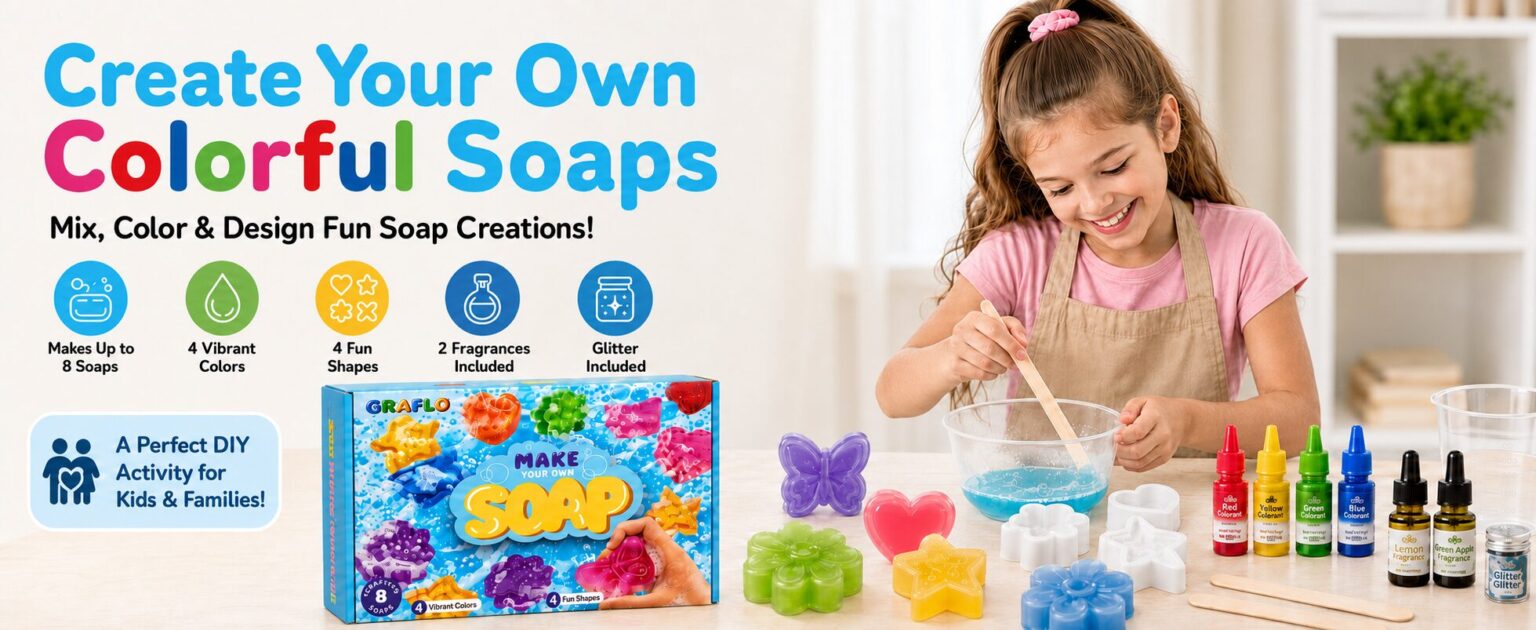 Create your own colourful soaps: makes up to 8 soaps, 4 vibrant colours, 4 fun shapes, 2 fragrances and glitter, with the full kit contents laid out beside a girl mixing soap