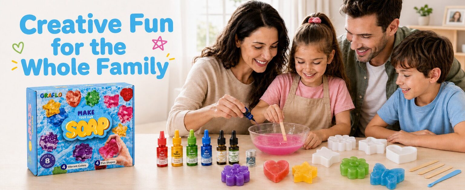 Creative fun for the whole family: two parents and two children mixing pink soap together with the GRAFLO kit contents on the table