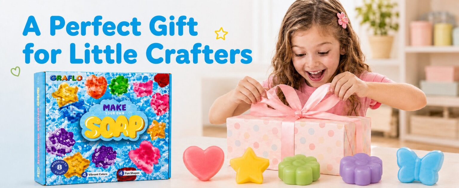 A perfect gift for little crafters: a girl opening a wrapped present beside the GRAFLO soap kit box and five finished soaps