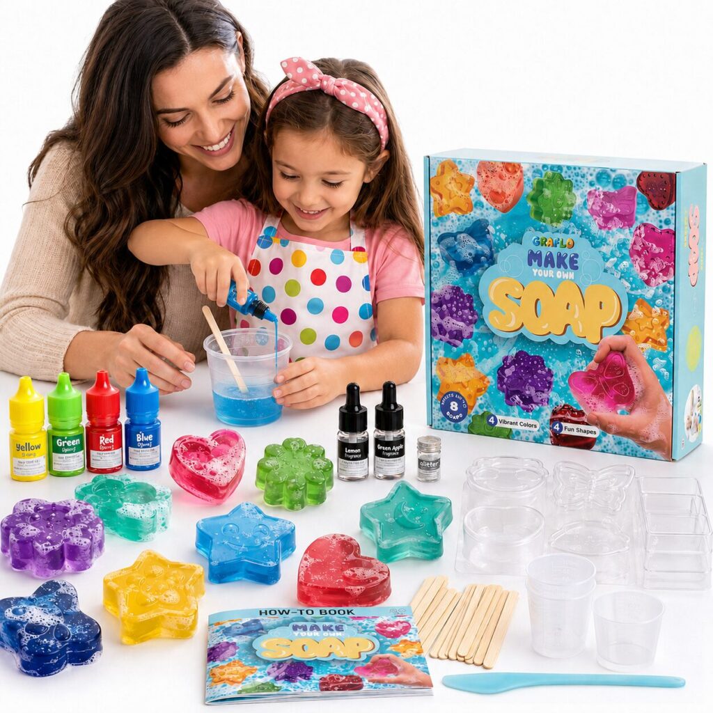 Mother and daughter mixing blue soap in a cup beside the GRAFLO Make Your Own Soap box, with four colorants, two fragrances, glitter, moulds, a how-to book, mixing cups and wooden sticks laid out