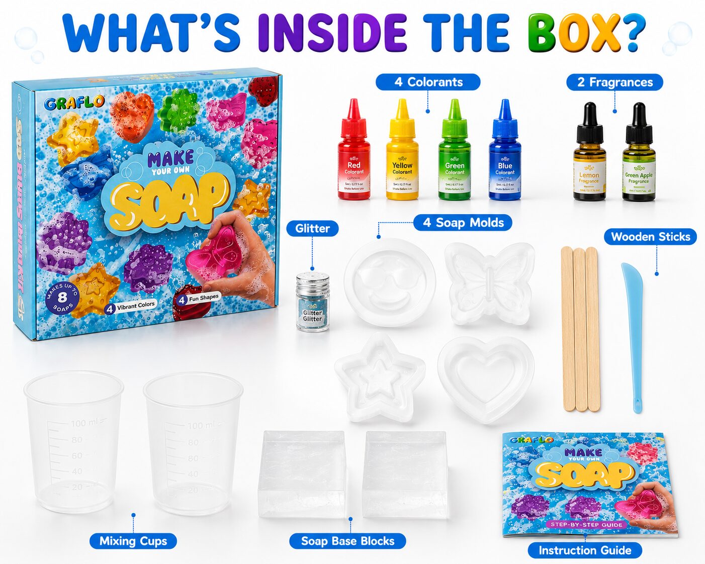 What is inside the box: 4 colorants, 2 fragrances, glitter, 4 soap moulds, wooden sticks, two mixing cups, soap base blocks and an instruction guide