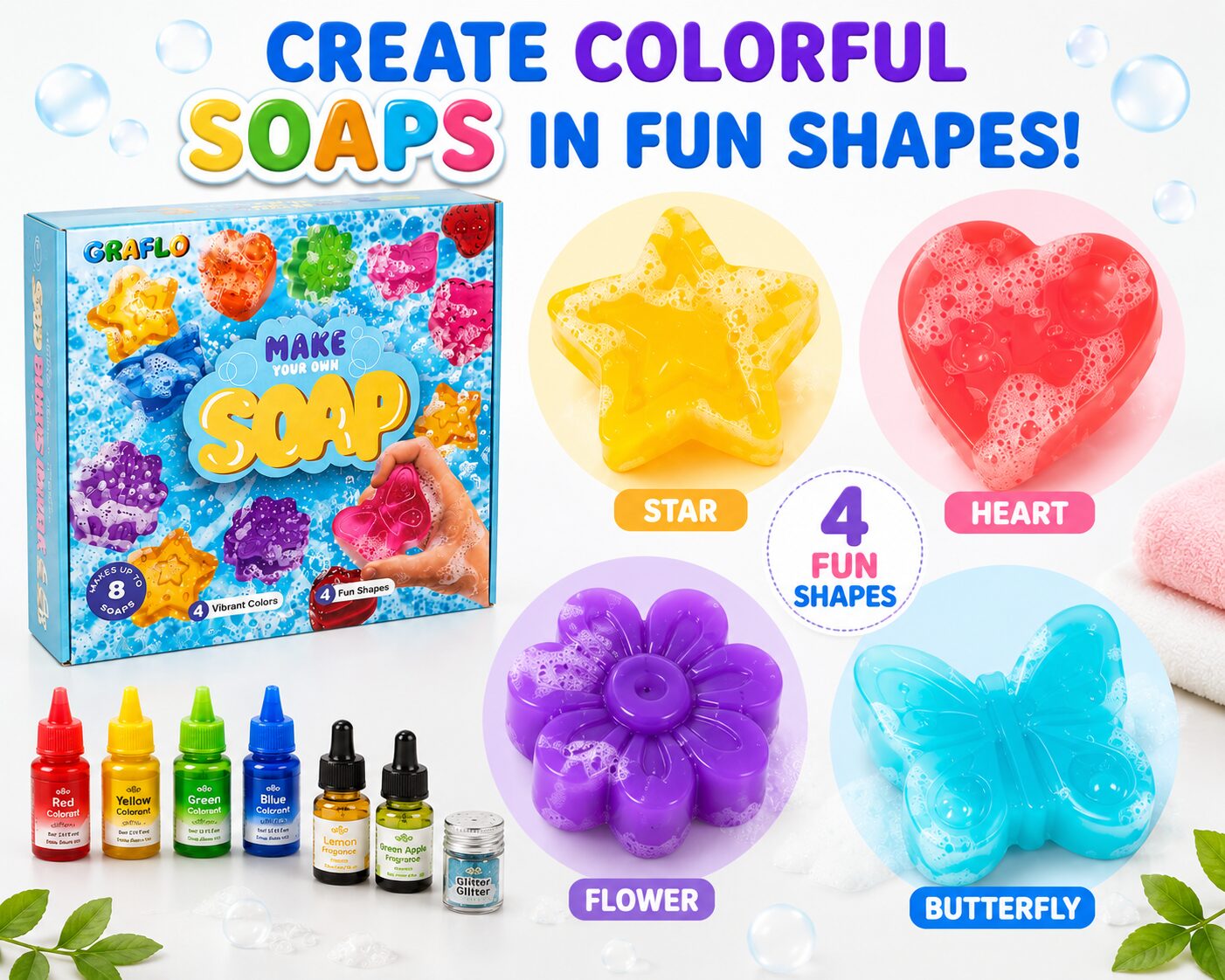 The four soap shapes the kit makes: star, heart, flower and butterfly, shown beside the four colorants, two fragrances and glitter
