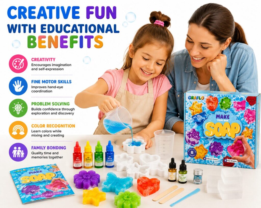 Creative fun with educational benefits: creativity, fine motor skills, problem solving, colour recognition and family bonding, with a girl pouring blue soap into a mould