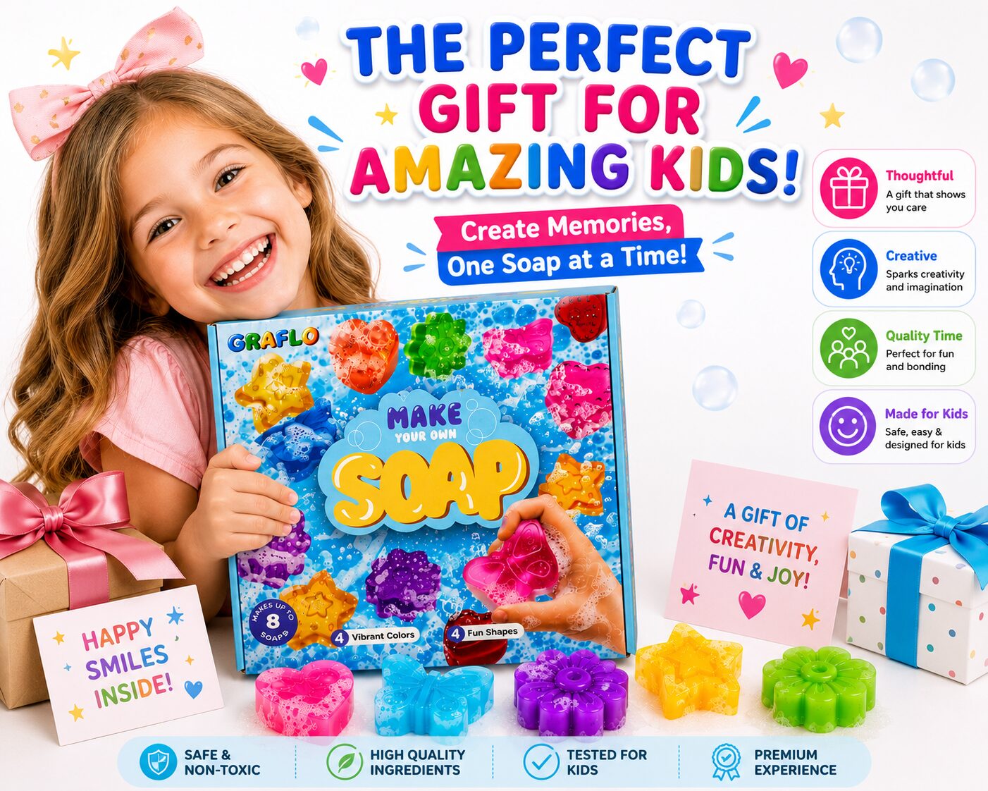 A girl holding the GRAFLO soap kit box with finished soaps and wrapped gifts, labelled safe and non-toxic, high quality ingredients and tested for kids