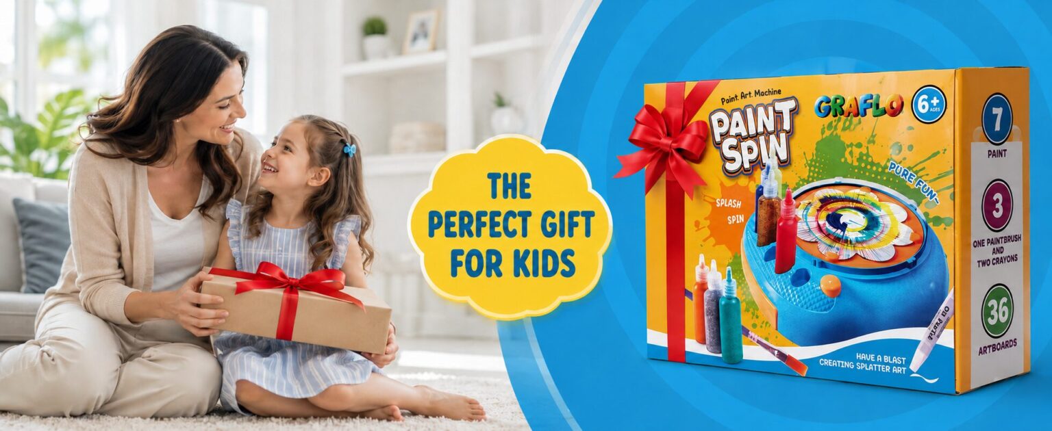 A mother and daughter with the gift-wrapped GRAFLO Paint Spin retail box, the perfect gift for kids, showing 7 paints, one paintbrush and two crayons, and 36 artboards