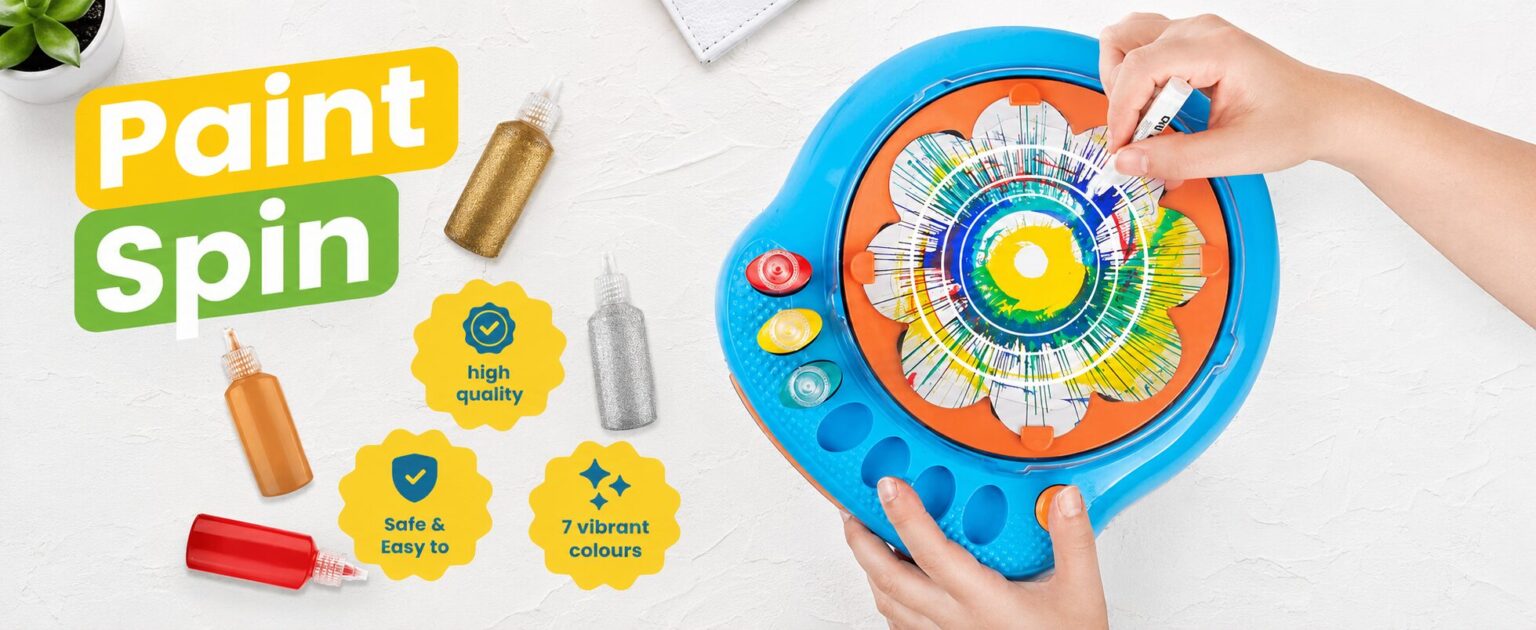 GRAFLO Paint Spin art machine with a finished spin painting, paint bottles and artboards