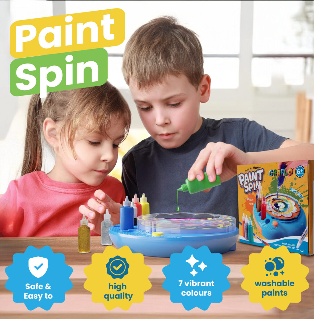 Two children using the GRAFLO Paint Spin machine together, highlighting safe and easy use, high quality, 7 vibrant colours and washable paints