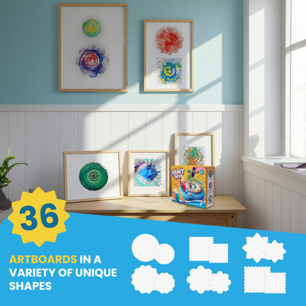 Framed spin-art prints displayed on a shelf and wall, with 36 artboards in a variety of unique shapes