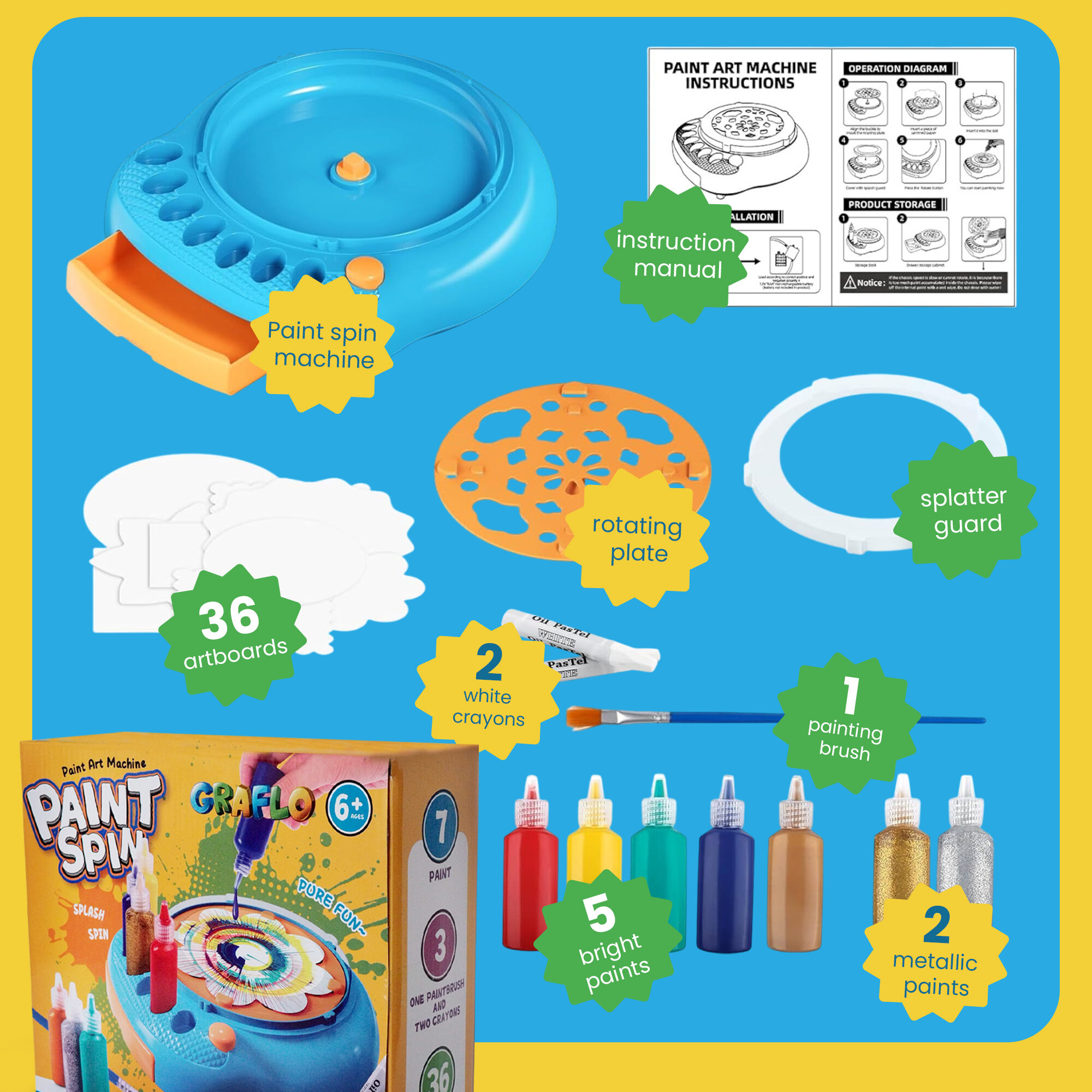 What's in the box: the paint spin machine, rotating plate, splatter guard, instruction manual, 36 artboards, 2 white crayons, 1 painting brush, 5 bright paints and 2 metallic paints