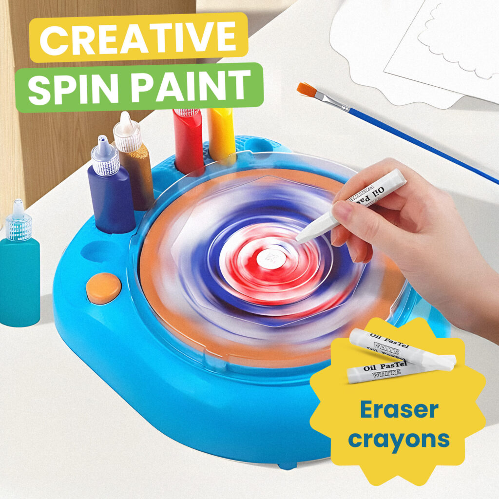 A mother and daughter with the gift-wrapped GRAFLO Paint Spin box on a sofa