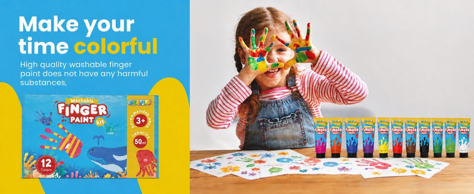 Make your time colorful: the GRAFLO washable finger paint box beside a girl looking through her paint-covered hands, with the twelve colour tubes and painted sheets on the table