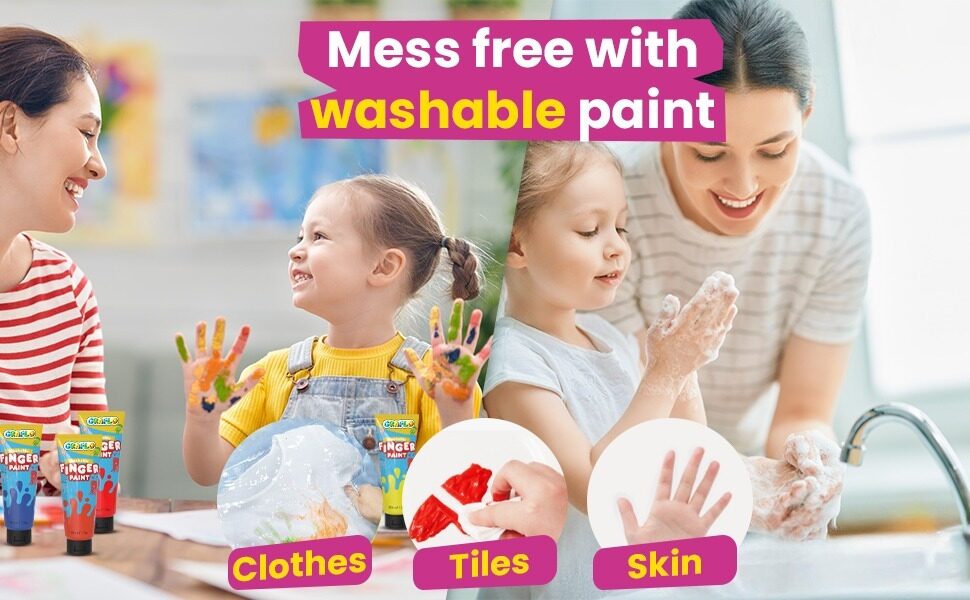 Mess free with washable paint: children finger painting and a child washing her hands at the sink, with close-ups showing the paint coming off clothes, tiles and skin