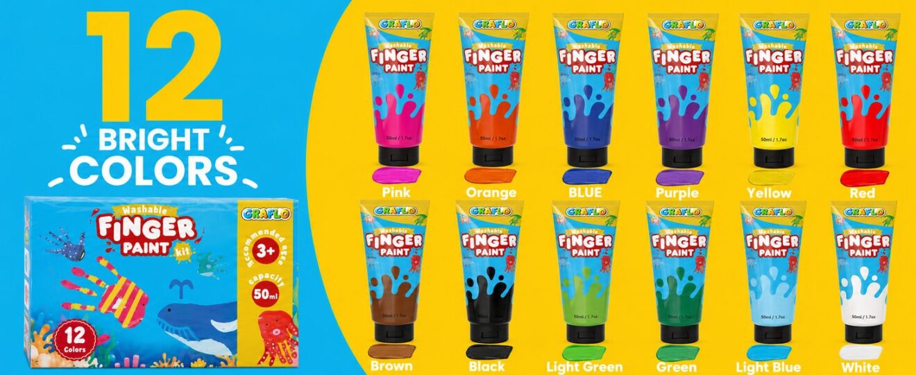 12 bright colours: the GRAFLO finger paint box beside all twelve tubes with painted swatches and their colour names