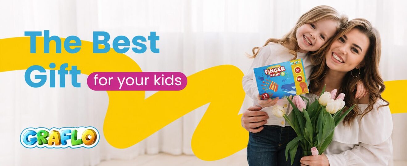 The best gift for your kids: a mother and daughter holding the GRAFLO finger paint box with a bunch of tulips