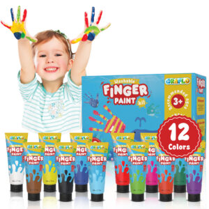 GRAFLO washable finger paint kit box with a toddler holding up paint-covered hands, and the twelve 50 ml colour tubes lined up in front, badged 12 colours