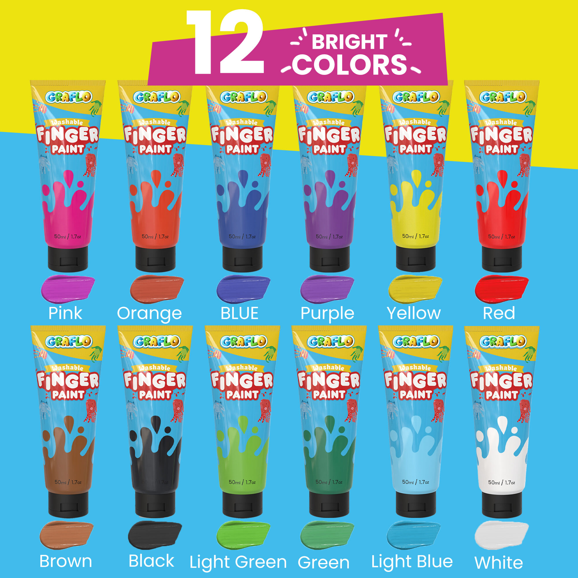 The twelve 50 ml finger paint colours with painted swatches and names: pink, orange, blue, purple, yellow, red, brown, black, light green, green, light blue and white