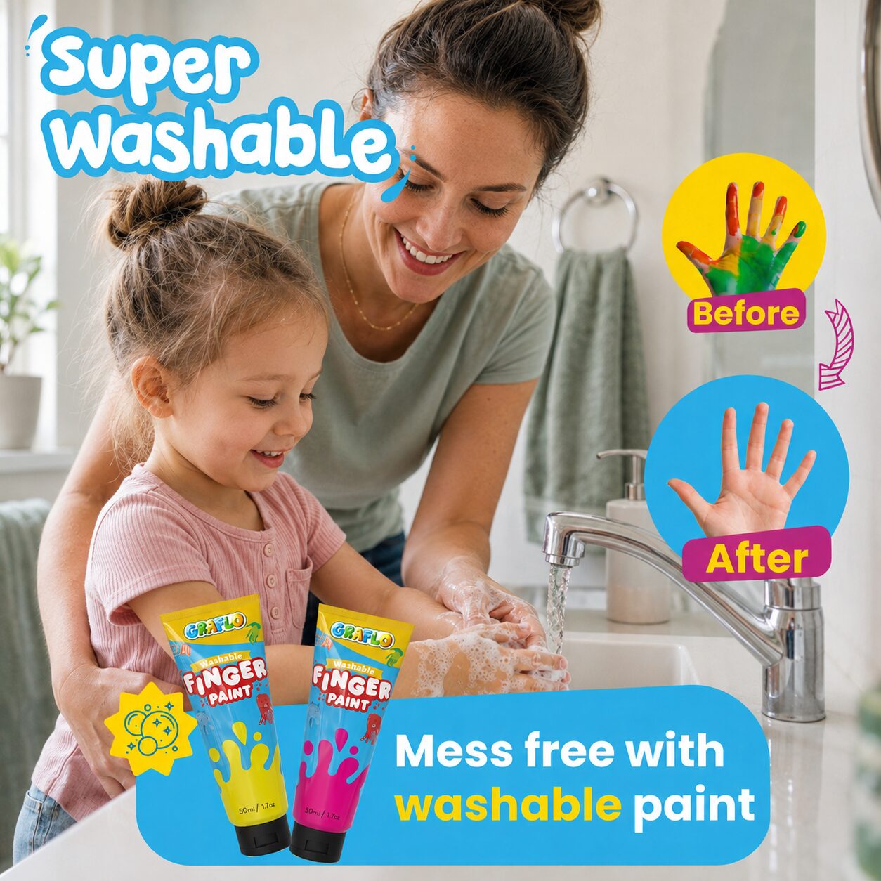 Super washable: a mother washing a child's paint-covered hands at the sink, with before and after close-ups of the hand