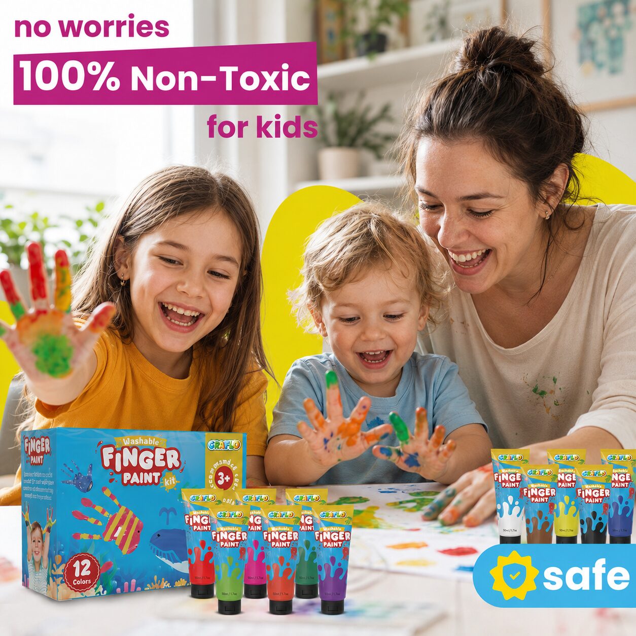 100% non-toxic for kids: two children and a mother finger painting together, with the kit box and the twelve tubes on the table