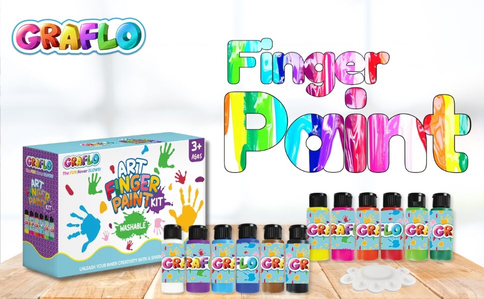 GRAFLO Art Finger Paint Kit box with the twelve washable paint bottles and a palette
