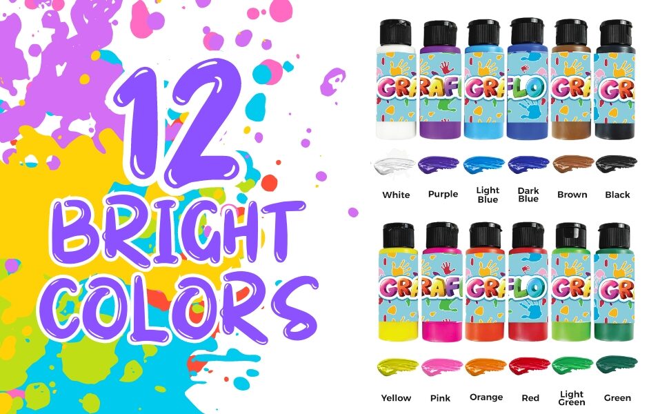 Twelve bright colours shown as labelled paint swatches beside the bottles