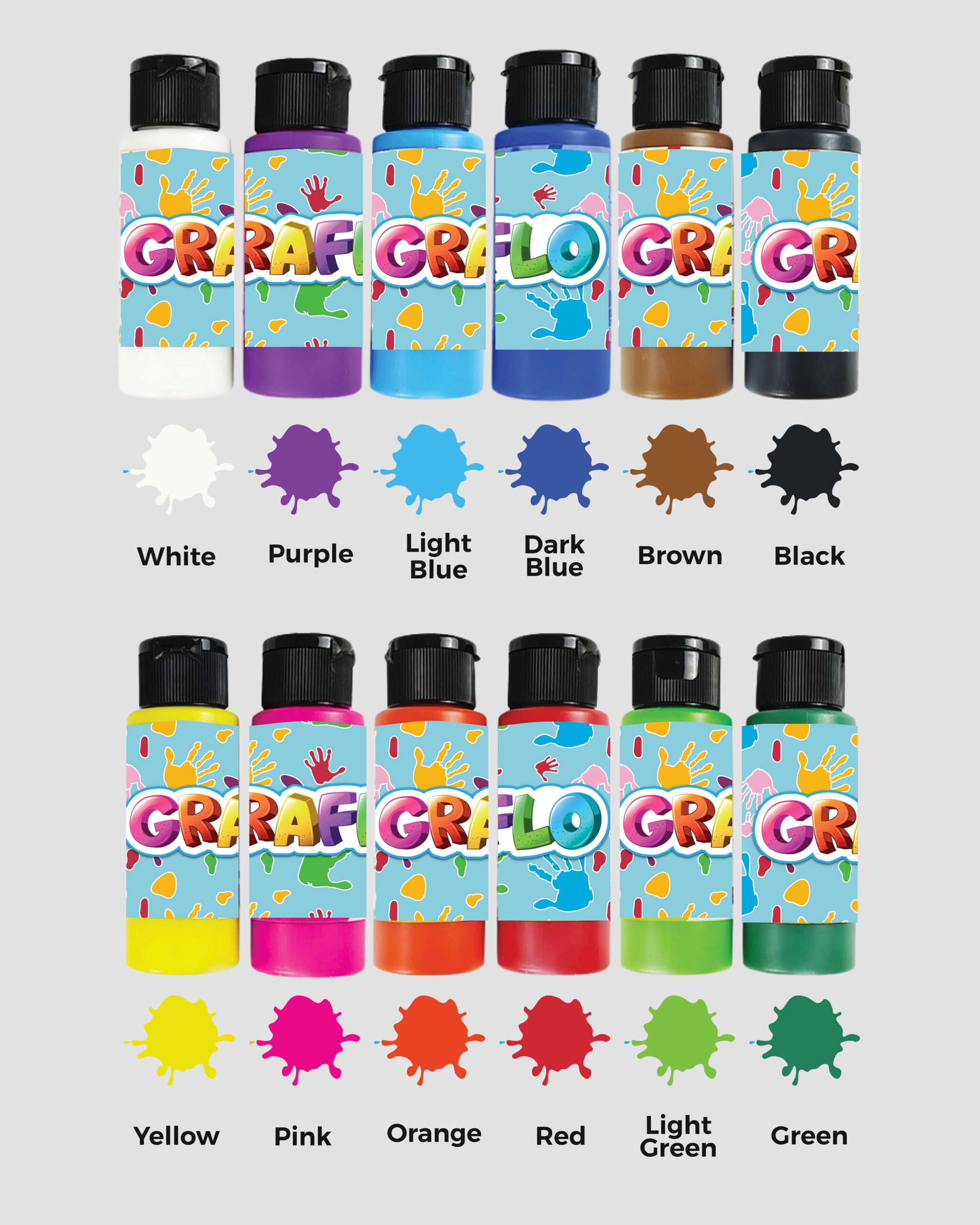 Twelve bright finger paint colours with swatches: white, purple, light blue, dark blue, brown, black, yellow, pink, orange, red, light green and green