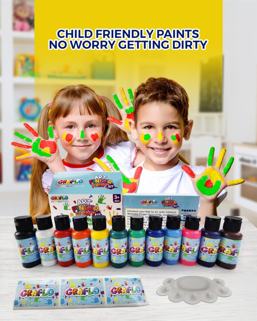 Close-up of GRAFLO finger paint bottles with poured colour swatches