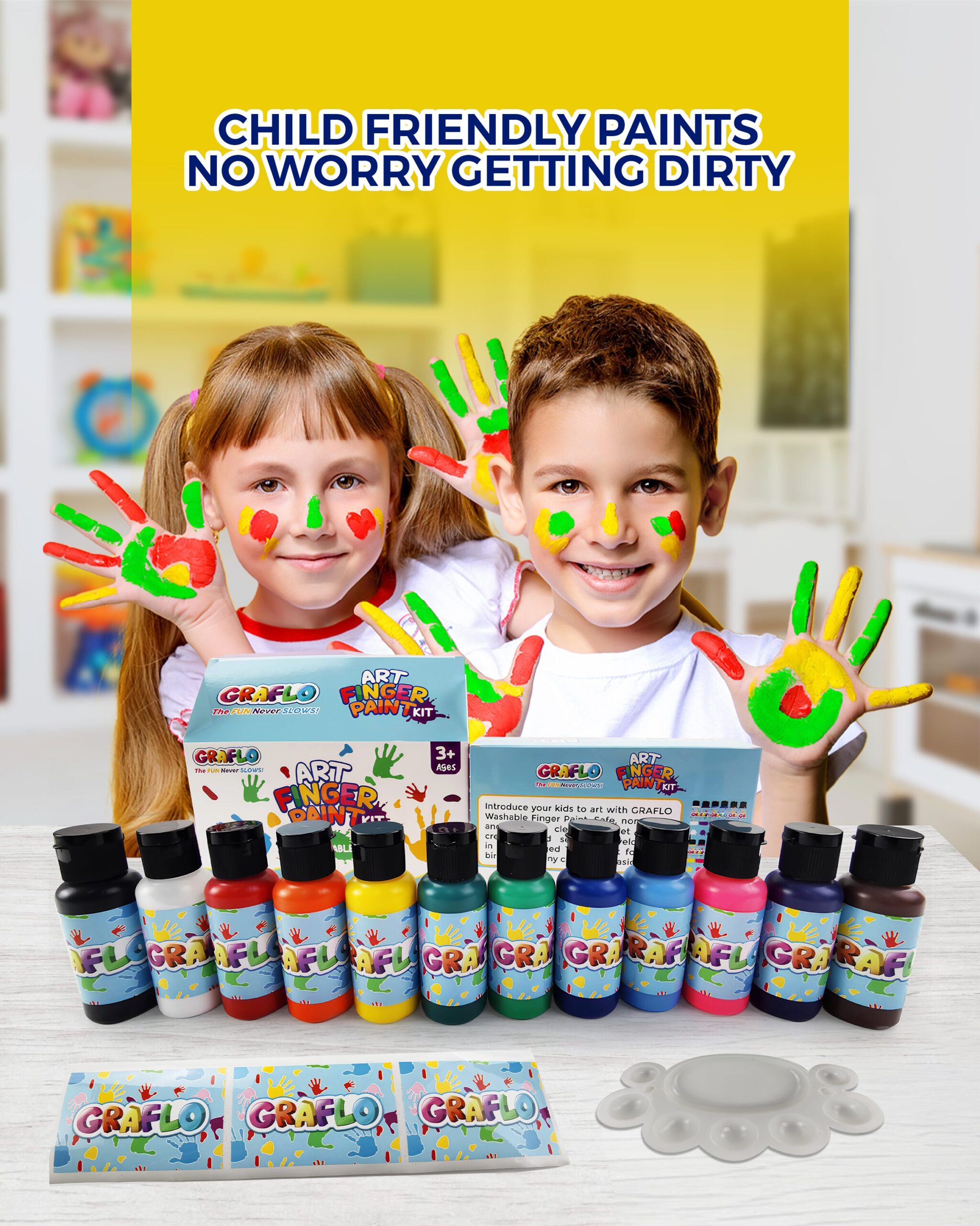 Close-up of GRAFLO finger paint bottles with poured colour swatches