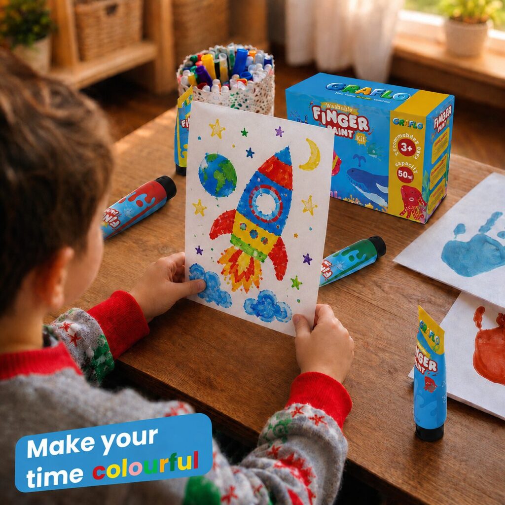 A child holding up a finger-painted picture of a tree, sun and rainbow made with the GRAFLO washable finger paint kit - make your time colourful
